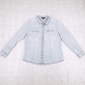 Velvet Heart Pearl Snap Chambray Shirt Womens M Blue Rhinestones Faded Cowgirl